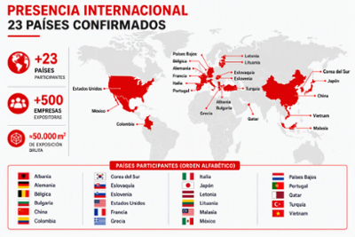 Infografía de Anuga Select Ibérica 2027 que muestra la participación internacional de 23 países, más de 500 empresas expositoras y 50.000 m² de exposición