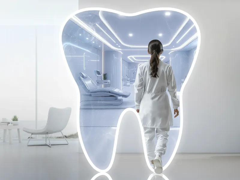 Silueta de muela con clinica dental al fondo- EXPODENTAL - IFEMA MADRID