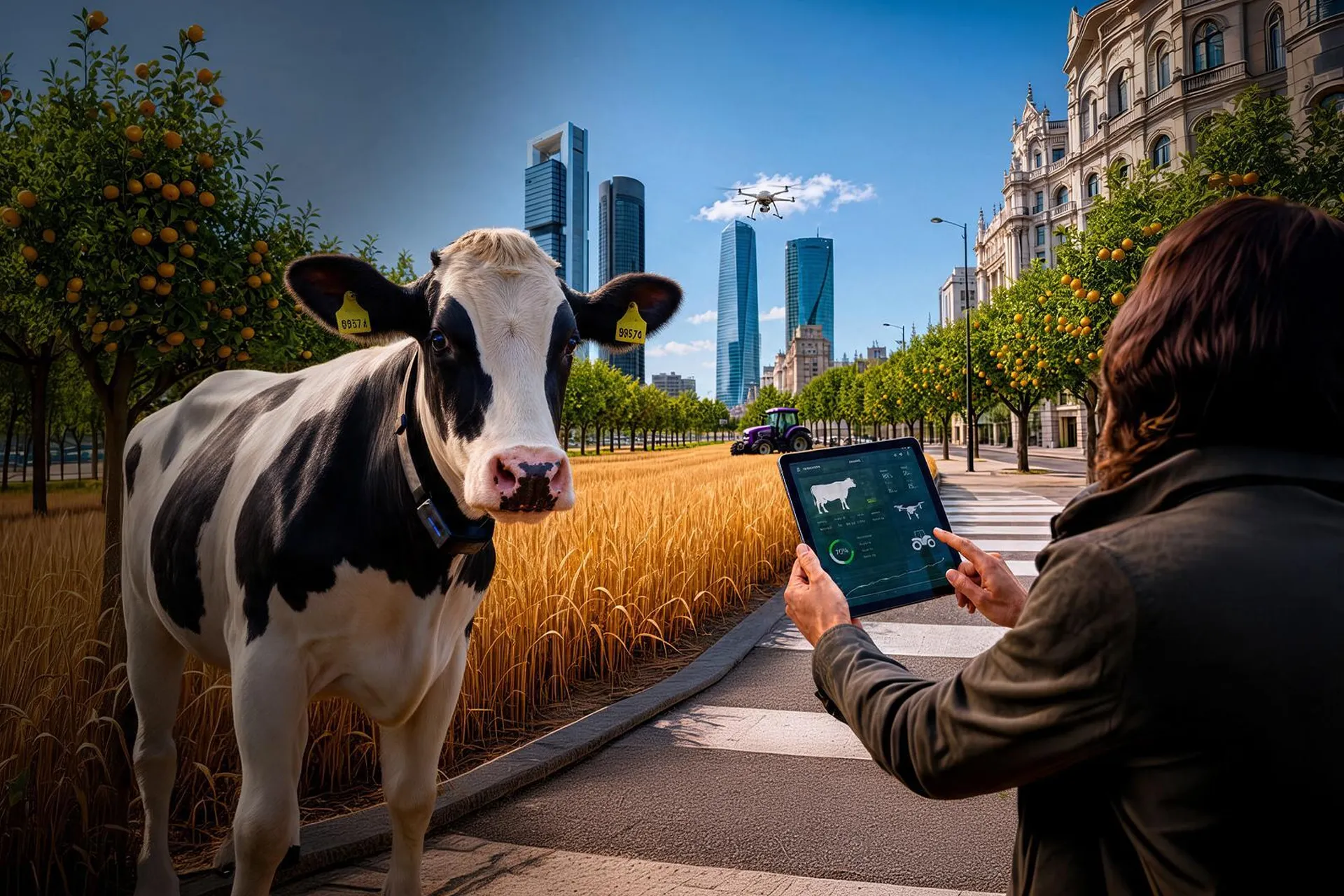 Composición de vaca y campo de trigo con tractor en medio de la ciudad