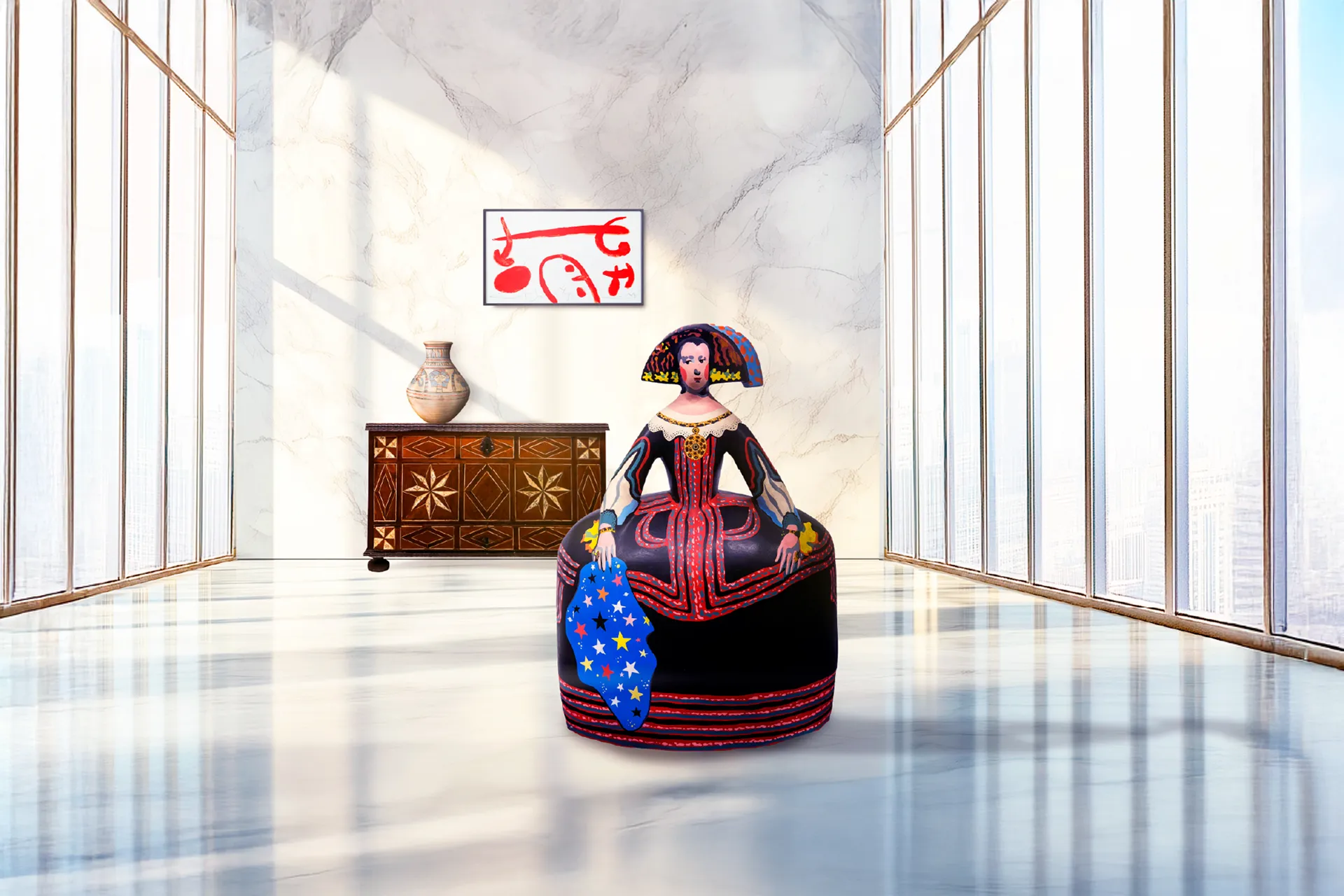 Menina en sala con un mueble y cuadro al fondo en Feriarte