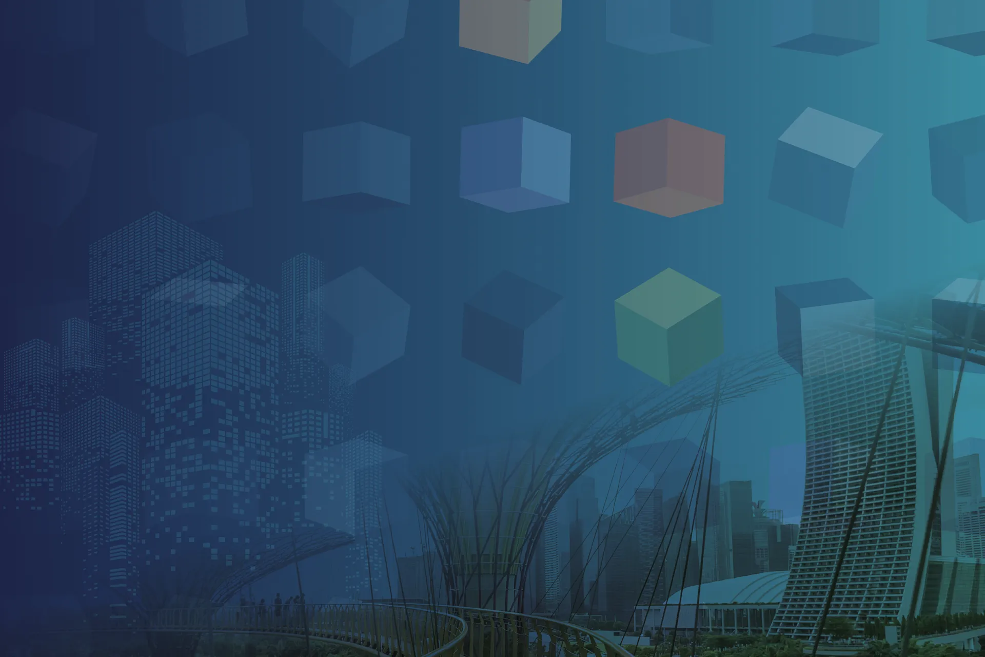 Ilustración ciudad y cubos de colores flotando