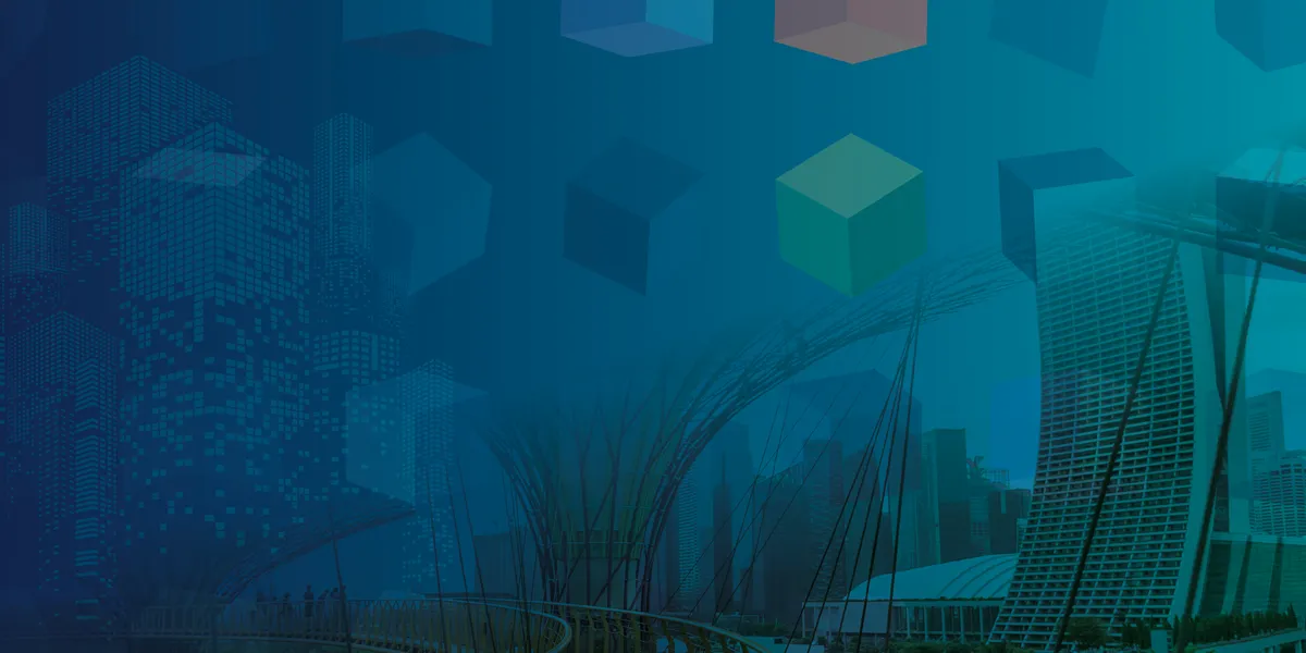 Ilustración ciudad con cubos flotando