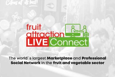 Logo de Fruit LiveConnect sobre una imagen de la feria inglés