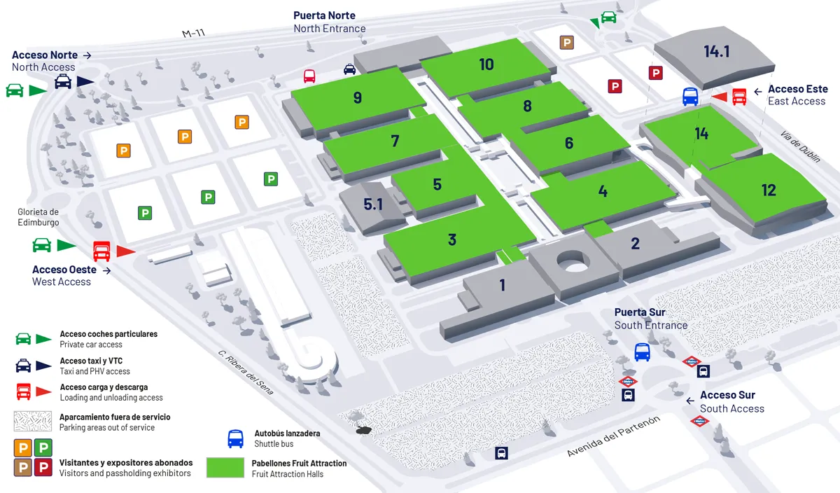 Map showing access routes, car parks and exhibition halls at Fruit Attraction.