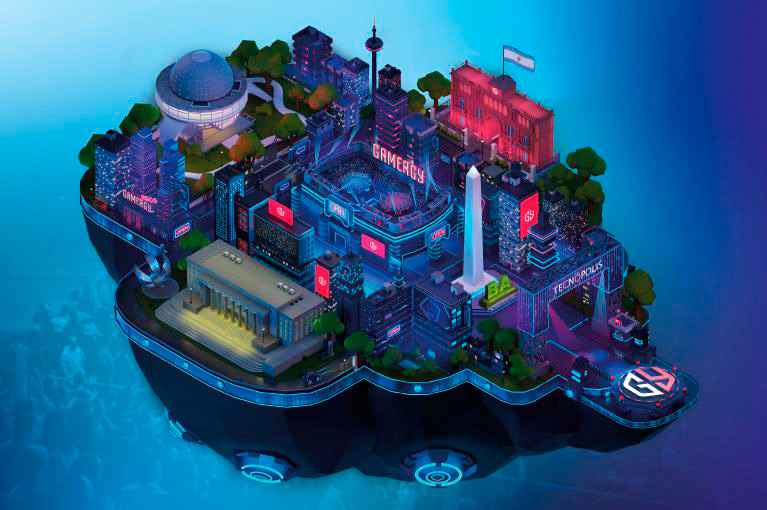 Isla flotante con miniciudad y el pabellón gamergy en el centro.