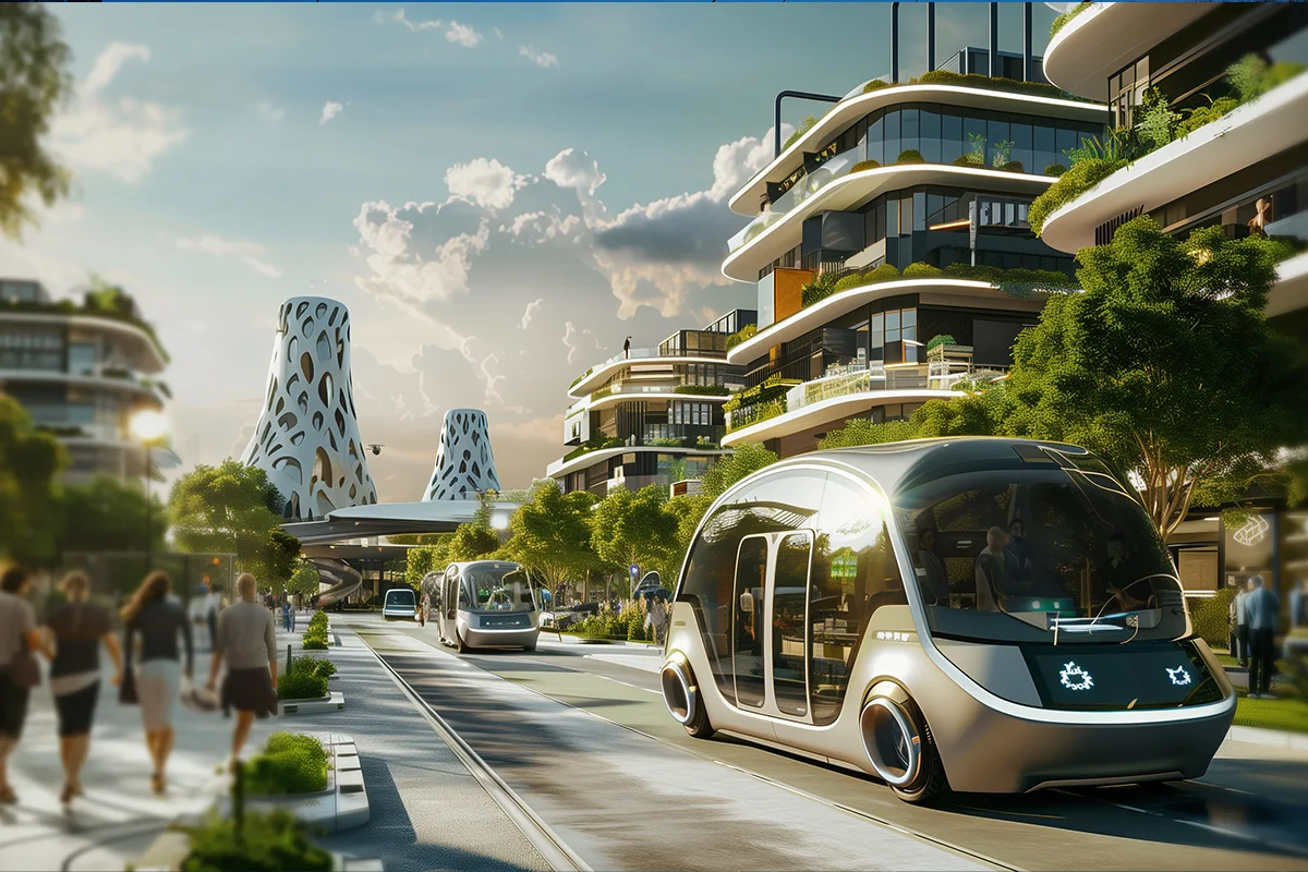 Buses in futuristic city