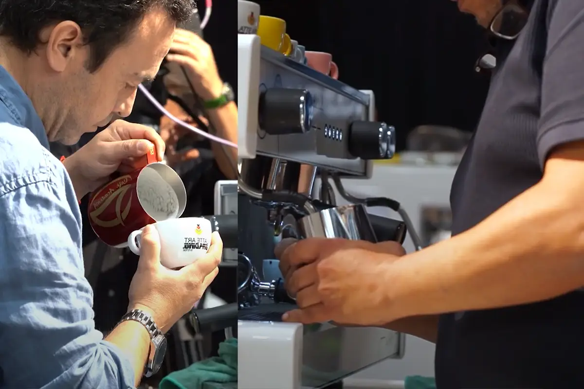People trying out a coffee machine at GUEXT