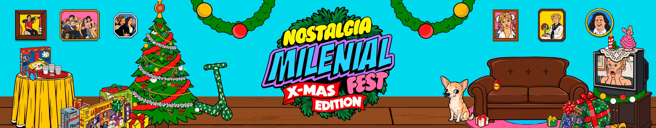 Cartel de nostalgia milenial con fondo azul y el logo en el centro