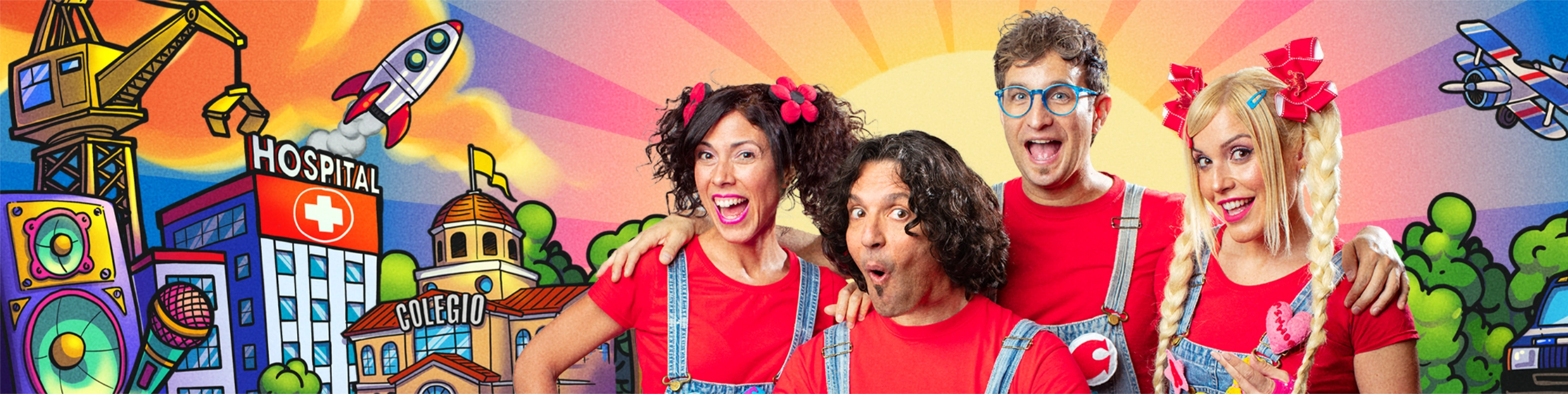Imagen de cantajuego con los cantantes en medio con dibujos de profesiones a los lados
