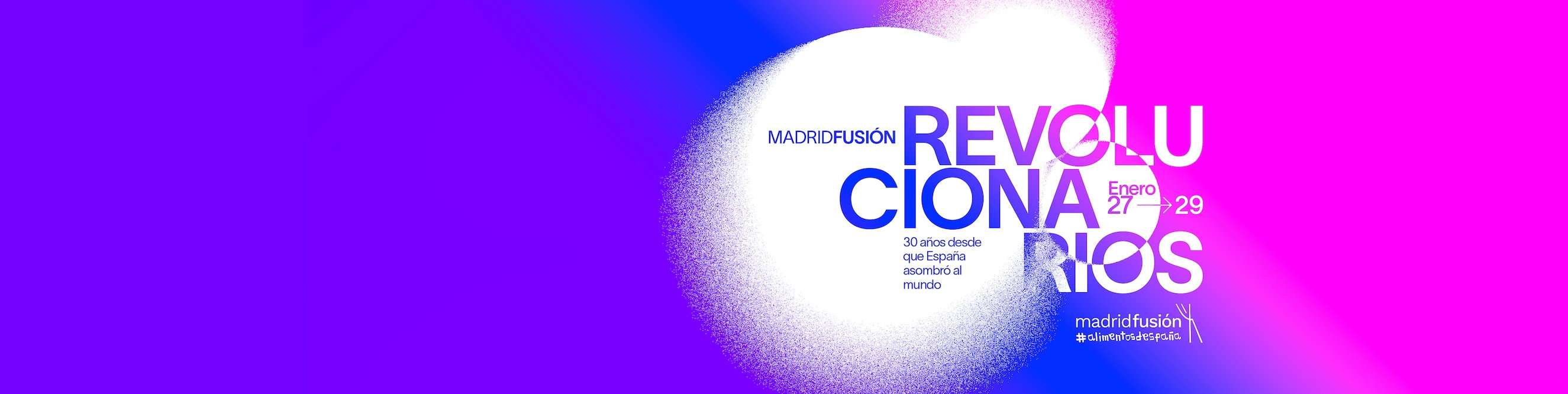 imagen de madrid fusión en colores morado y rosa con el texto sobre fondo blanco