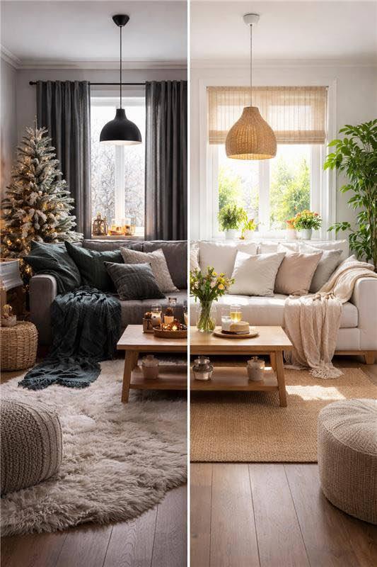 Comparativa de decoración para confort térmico: mismo espacio adaptado para invierno y verano