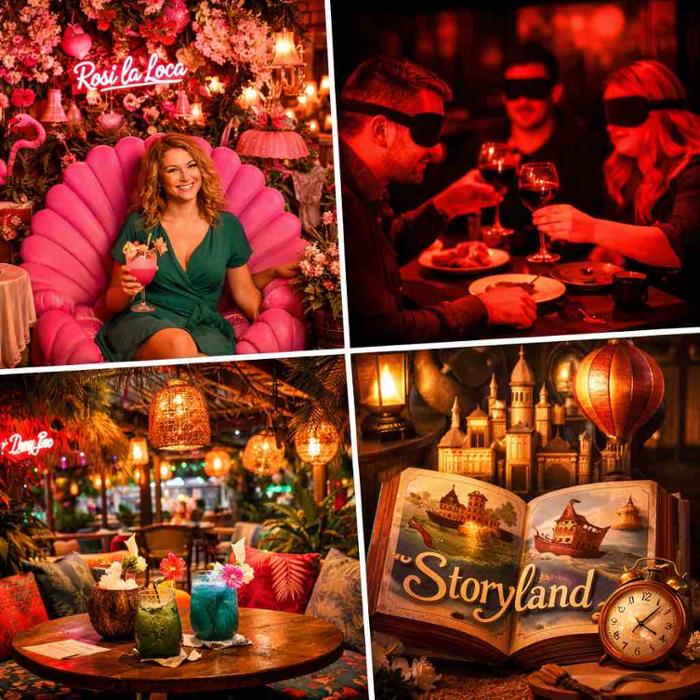 Restaurantes originales y temáticos en Madrid centro - collage mostrando Rosi la Loca, Dans le Noir y Lady Bongo