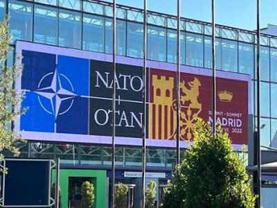 partial view of IFEMA MADRID main gate and NATO logo