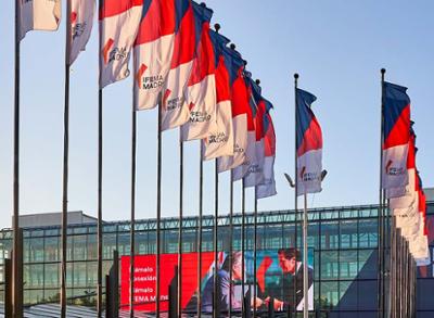 IFEMA Madrid flags at the entrance to the fair grounds