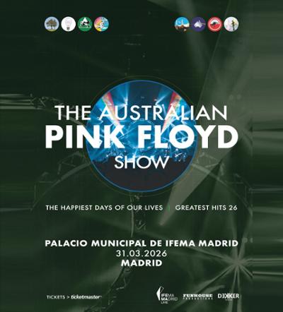 Cartel de The Australian Pink Floyd con un fondo oscuro y un vinilo azul con letras blancas