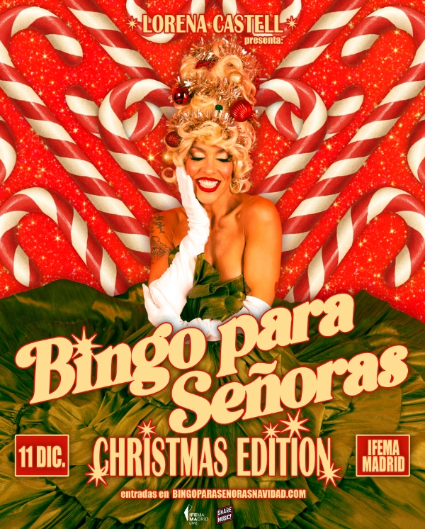 Cartel de Bingo para Señoras con una foto de Lorena Castell vestida de navidad con un fondo navideño