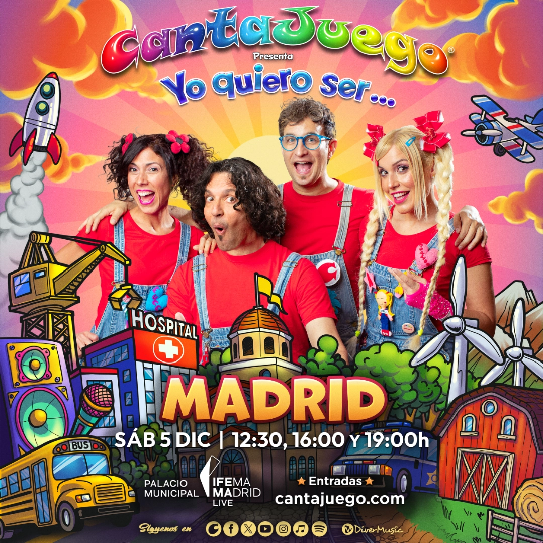 Cartel de cantajuego con los cantantes en el centro rodeados de dibujos