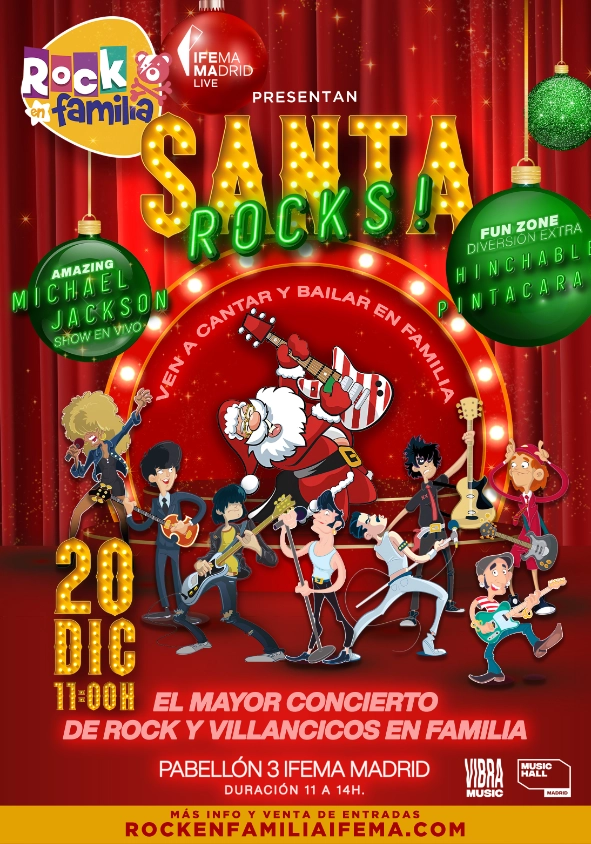 Cartel con dibujos de diferentes cantantes de rock para el concierto de Rock en Familia