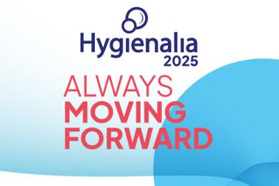 Cartel de Hygienalia con colores azules, el logo arriba y un texto en rojo