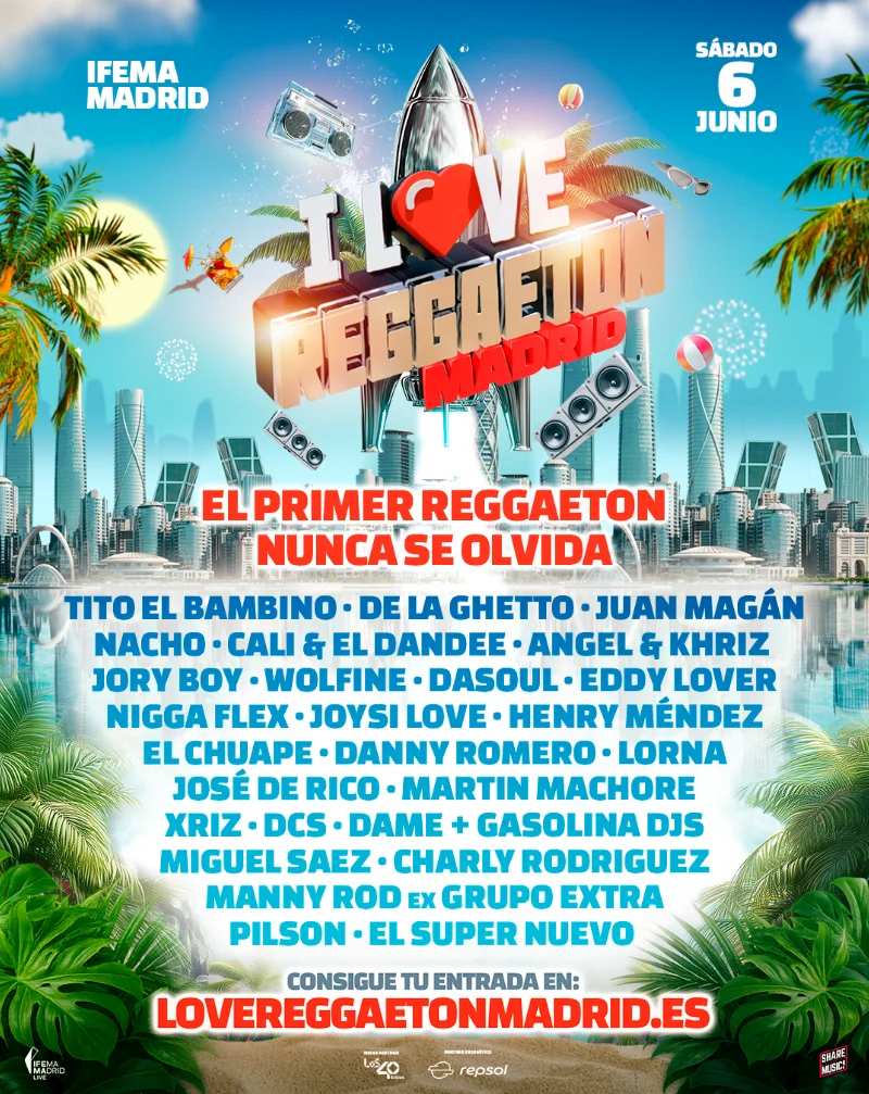 Cartel de I Love Reggaeton Festival Madrid 2026 con el fondo rojo y dibujos de altavoces a los lados