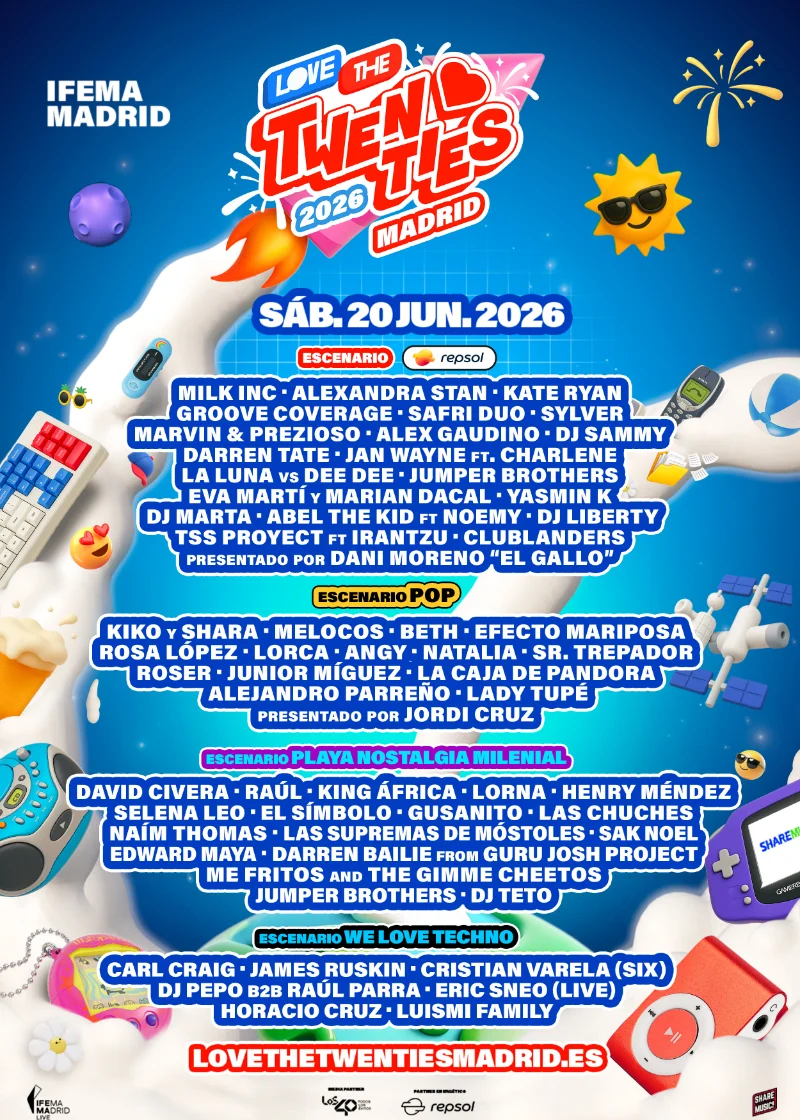 Cartel Love the Twenties con artistas confirmados en fondo azul