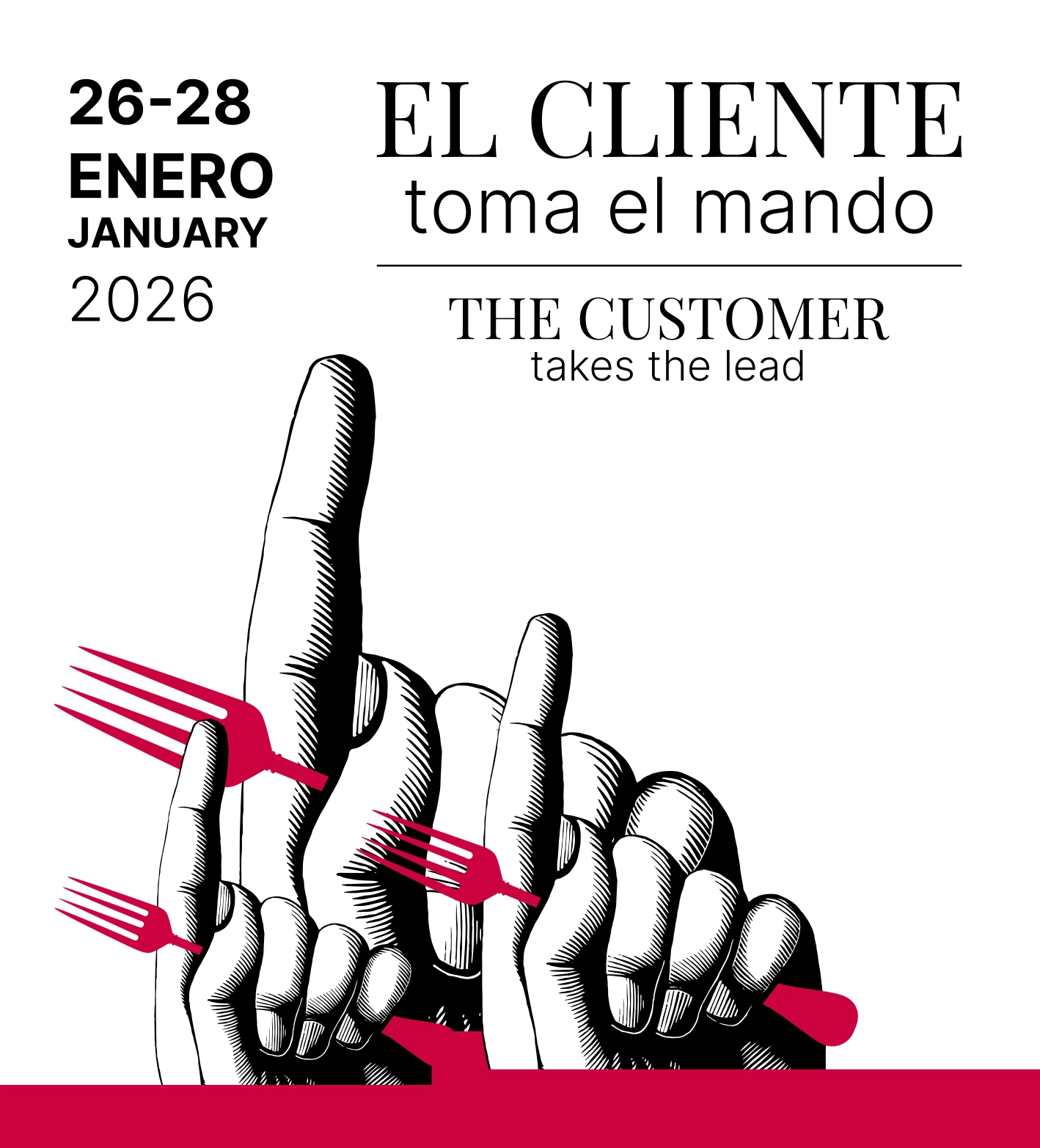 Cartel de madrid 2026 fusion con el dibujo de unas manos con un tenedor y el texto arriba