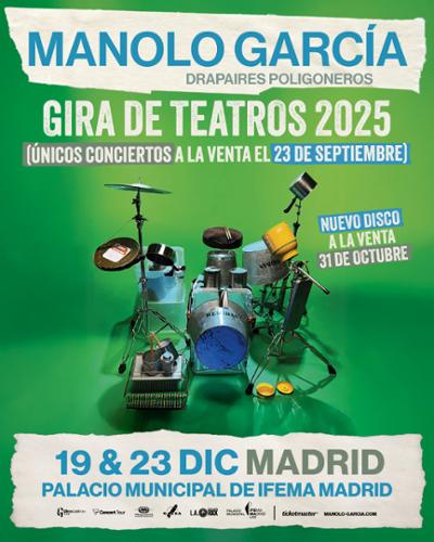 Cartel de Manolo García con una bateria en medio fondo verde e información del concierto
