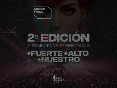 cartel music hall con fondo negro y letras blancas