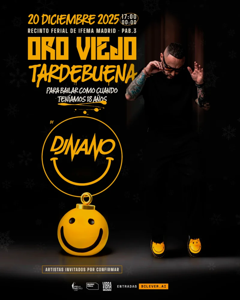Cartel de Oroviejo Tardebuena con DJ nano saltando en fondo negro