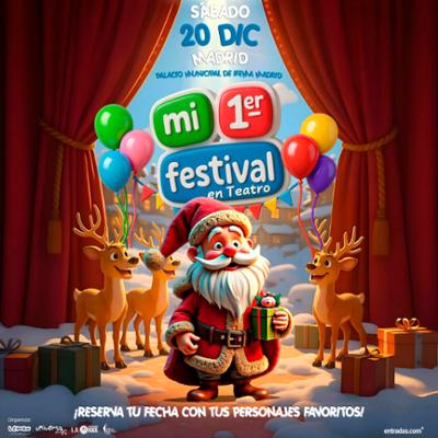 Cartel realizado por IA de Mi Primer Festival con Papa Noel enel centro rodeado de renos, encima el nombre del evento