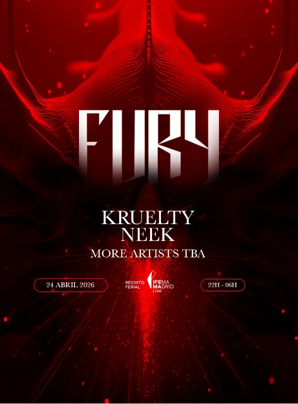 Cartel rojo de Fury Madrid Festival con un fondo rojo y el nombre de algunos artistas