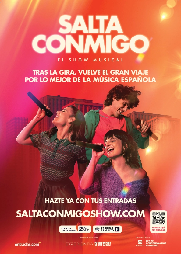 Cartel de Salta Conmigo con tres chicos cantando en un fondo naranja