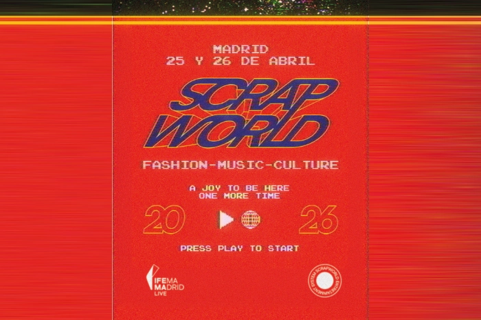 Cartel de SCRAPWORLD con fondo rojo