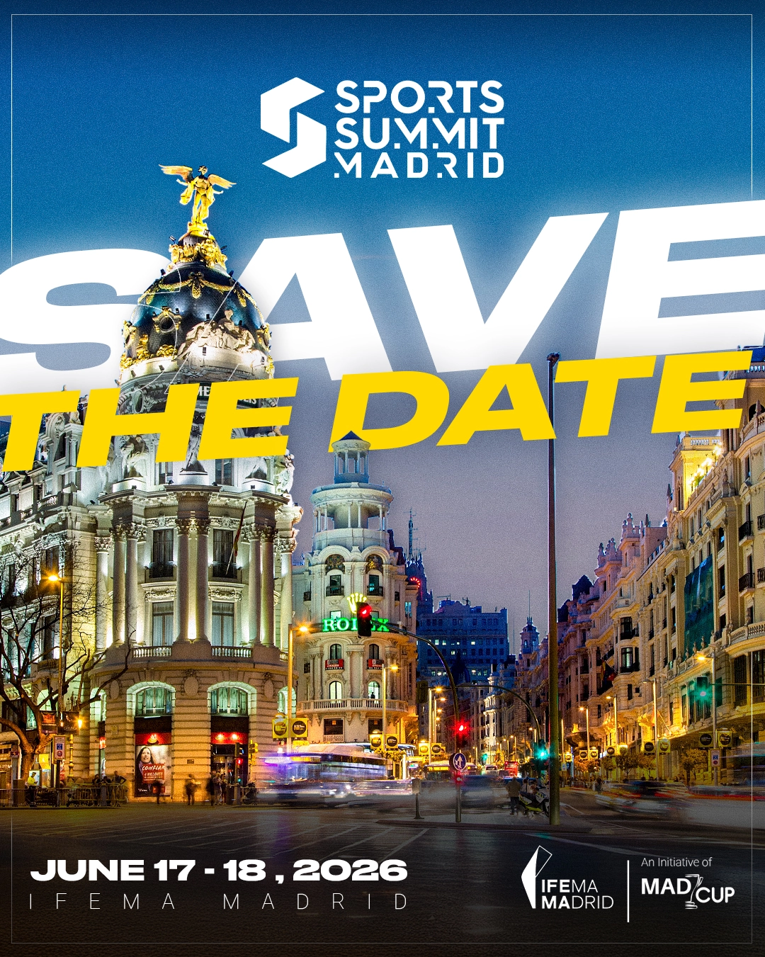 Cartel de Sport Summit azul con una foto de madrid en medio que se celebra en IFEMA MADRID