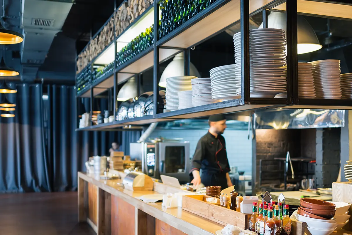 Restaurant kitchen and bar