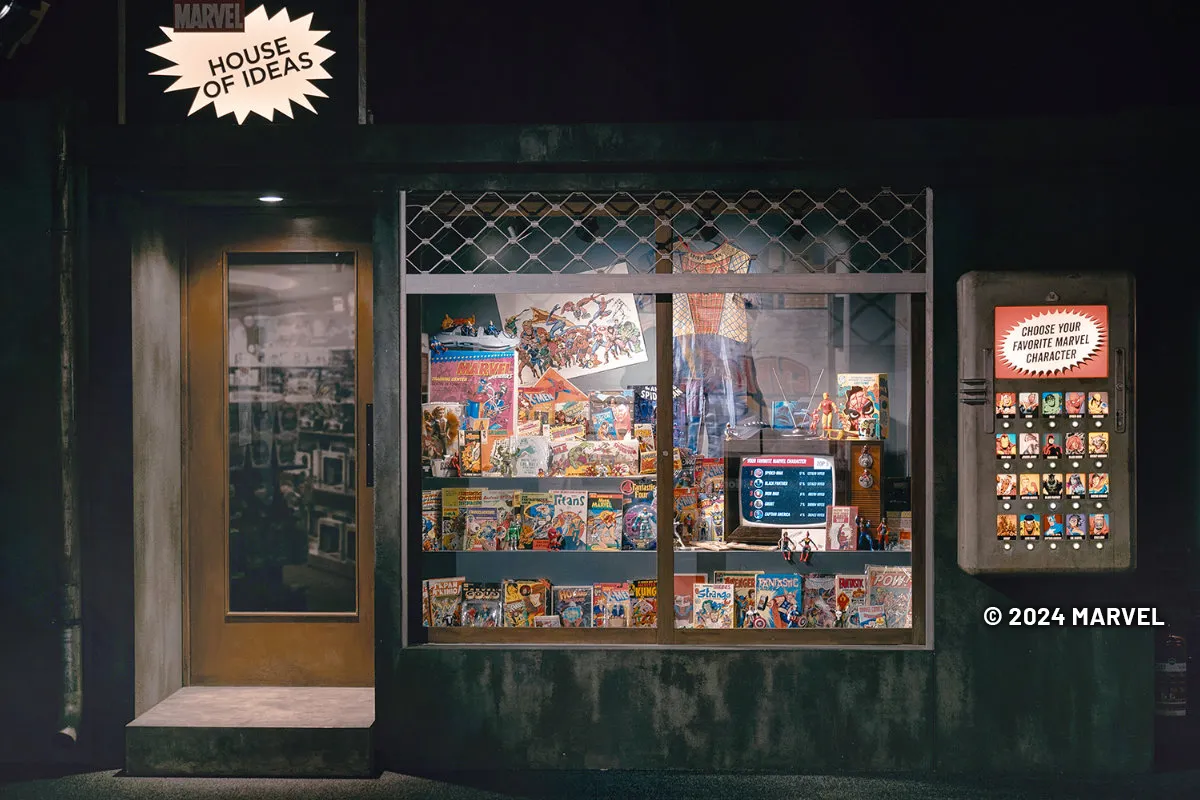 comic book store window display inside the Marvel: Universe of Super Heroes exhibition
