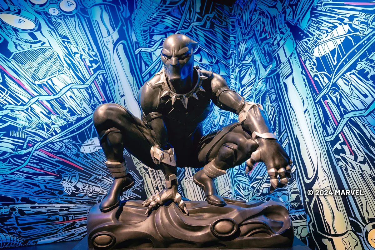 black panther figure at the Marvel: Universe of Super Heroes exhibit