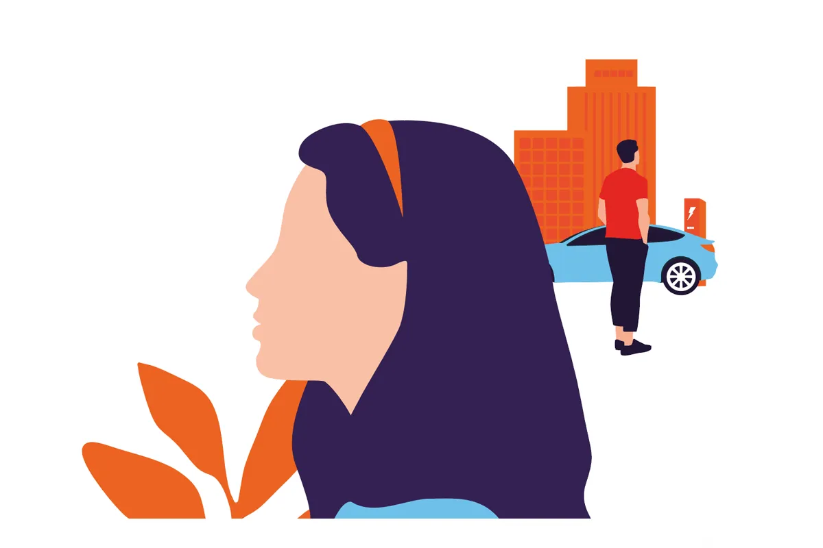 ilustracion de mujer con planta y hombre al fonfo con coche