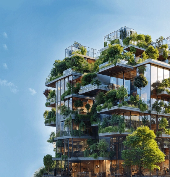 Poster de Rebuild con imagen de un edificio lleno de plantas y el cielo de fondo