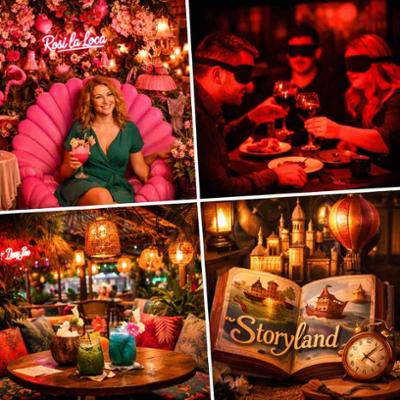 Restaurantes originales y temáticos en Madrid centro - collage mostrando Rosi la Loca, Dans le Noir y Lady Bongo