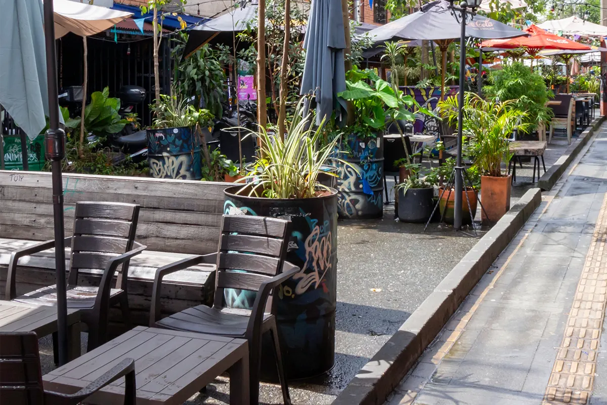 Terraza con mesas y hamacas en jardín
