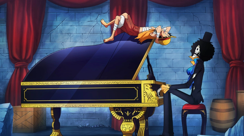 Imagen de la serie de One Piece con Luffy viendo a Brook tocar el piano