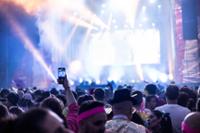 un montón de personas en el público de horteralia grabando el escenario y bailando