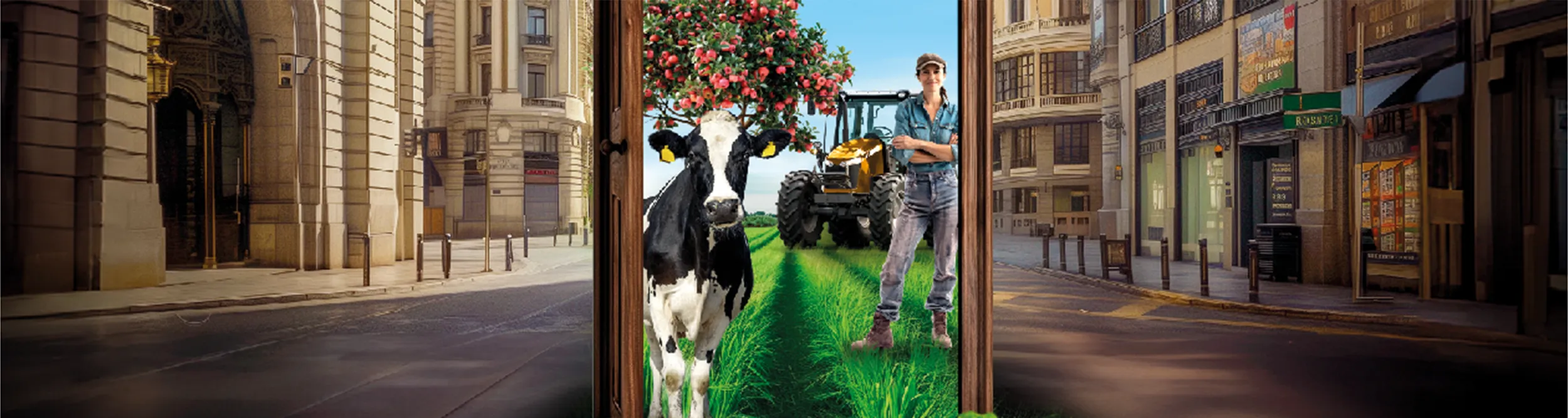 Cow with grass in the city