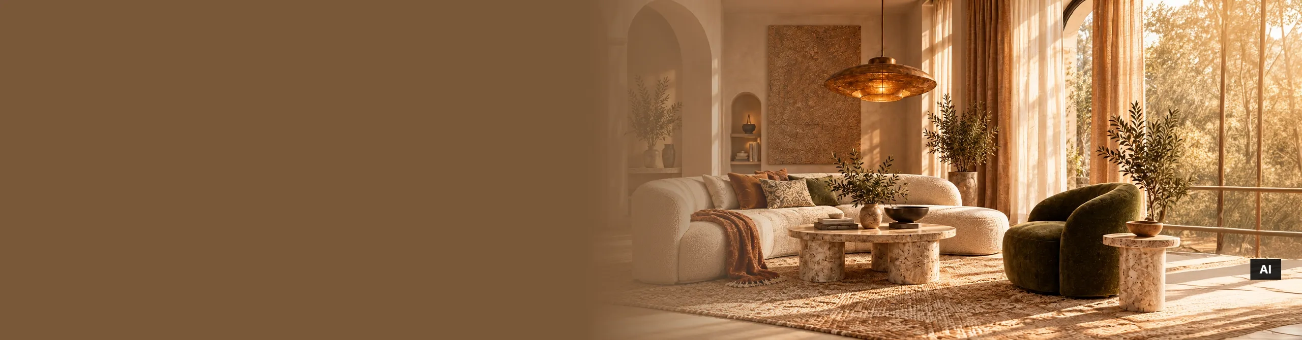 AI-generated image of a living room with curtains, sofas and a rug