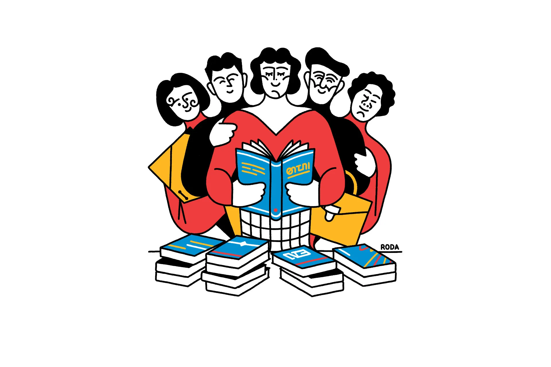 Ilustración de un chico y una chica en un libro en Liber
