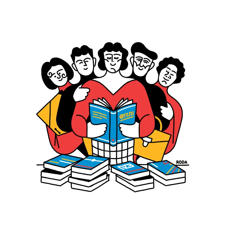 Illustration of two persons coming out of a book