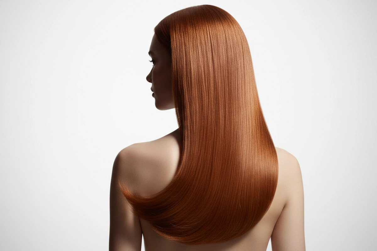 Modelo posando con pelo rojizo en salon look