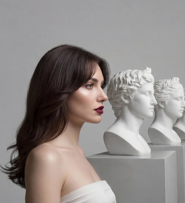 modelo delante de bustos de piedra en Look