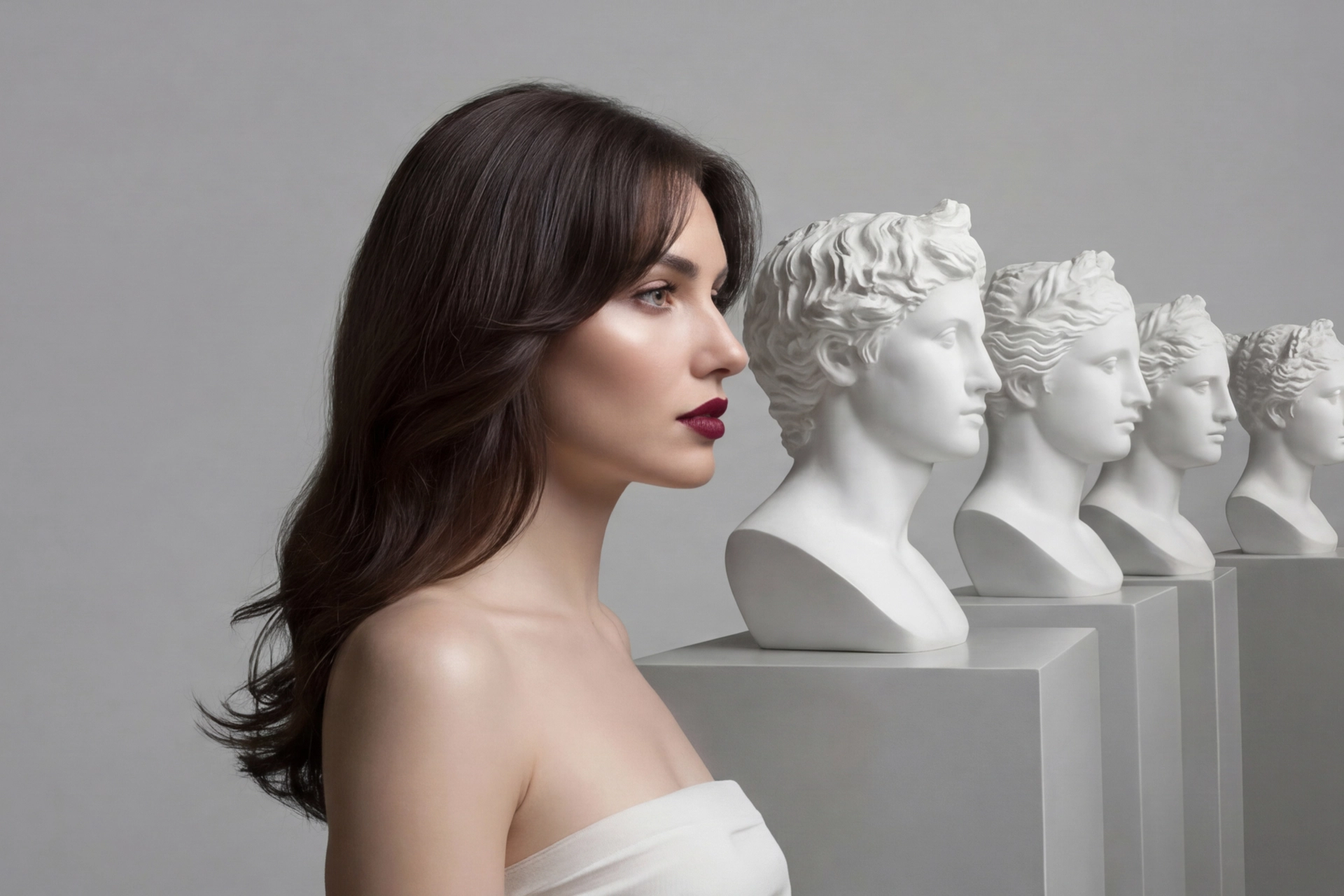 modelo delante de estatuas de rostros Look